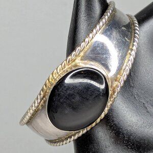 Vintage Mexican Silver & Onyx Cuff Bracelet with Twist Accent One Size Fits Most